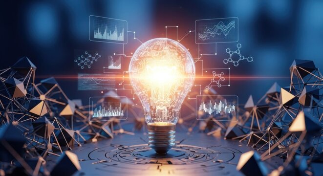A glowing light bulb with various data and information icons surrounding it. - Powered by Adobe