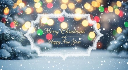 A festive Christmas scene with snowflakes, pine trees, and a glowing background.