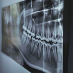Side view of dental X-ray image on display screen
