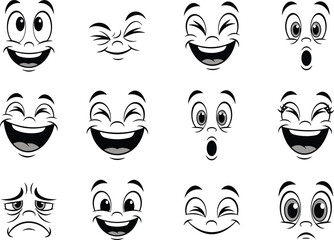 Black and white cartoon face expressions vector set, funny collection of happy, laughing, winking, surprised, sad, and tired character emotions with mouth and eyes isolated on white background.