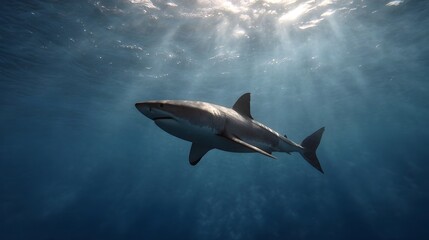 Fototapeta premium A majestic great white shark glides through the deep blue ocean illuminated by sun rays from above