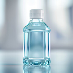 Clear mouthwash bottle with blue liquid on reflective surface