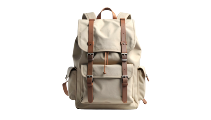 A beige canvas backpack with leather straps and buckles, isolated against a dark backdrop