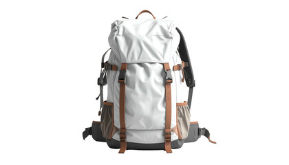 A modern, white outdoor backpack with brown straps, buckles, and a top handle