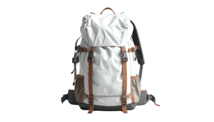 A modern, white outdoor backpack with brown straps, buckles, and a top handle