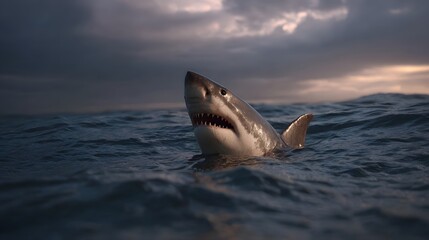 Fototapeta premium Great white shark surfaces in choppy ocean waters under stormy twilight sky