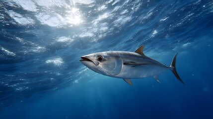 Naklejka premium A majestic tuna swims powerfully through clear blue ocean water with brilliant sunlight filtering down from the rippling surface above