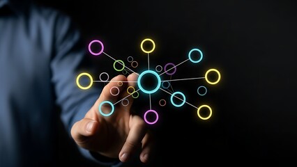 Man touching digital network with glowing circles and connecting lines.