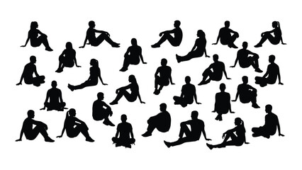 Diverse sitting people silhouettes isolated on white background, Vector