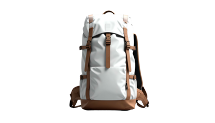 A white and brown backpack isolated on a black background, with straps and buckles