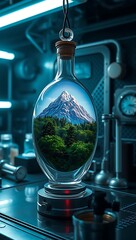 Majestic snow-capped mountain and lush green forest reflected inside a glass bottle in a laboratory.