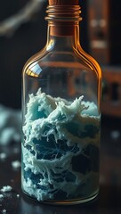 Abstract blue waves and white foam swirling inside a glass bottle, evoking the power of the sea.