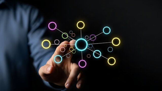 Man touching digital network with glowing circles and connecting lines.