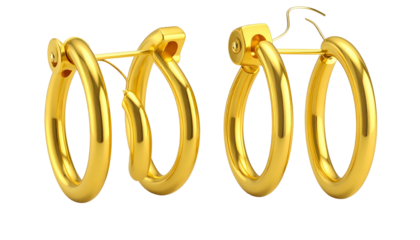 Close-up of two pairs of shiny gold hoop earrings against a black background