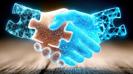 Digital collaboration event innovative hands shaking with puzzle pieces virtual environment futuristic concept