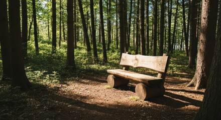 Wooden bench in a sunlit forest path. Sunlight streams through the trees, illuminating a rustic wooden park bench positioned on a forest path