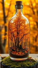 Autumnal scene with colorful trees and fallen leaves inside a glass bottle on a mossy surface.