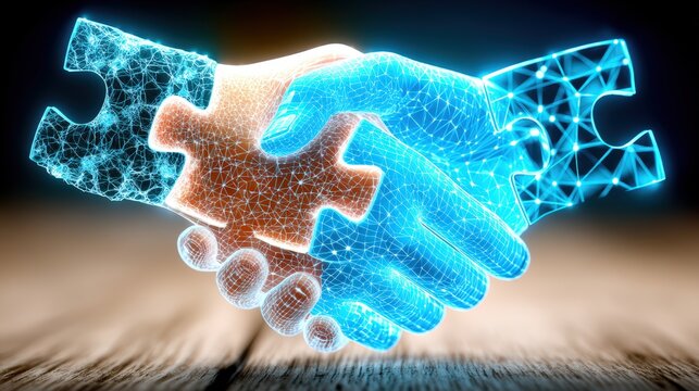 Digital collaboration event innovative hands shaking with puzzle pieces virtual environment futuristic concept