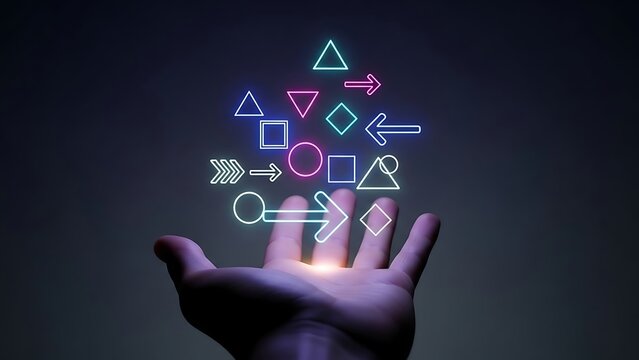 Hand holding glowing geometric shapes technology innovation and future concepts.