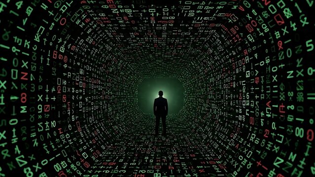 Man in digital tunnel of code data and information technology.