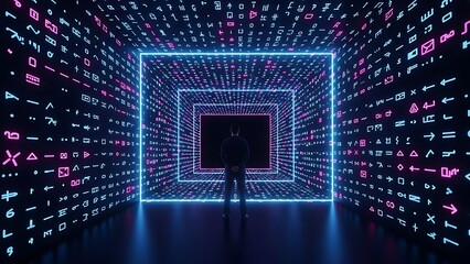 Person standing in a neon lit tunnel of digital data and symbols.