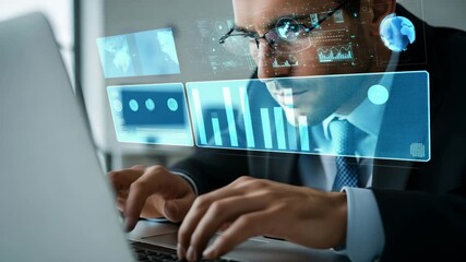 Businessman using futuristic computer interface with data overlay for advanced technology analysis - Powered by Adobe