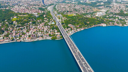 Istanbul, Turkey. Fatih Sultan Mehmet Bridge is a suspension bridge across the Bosphorus Strait, between Europe and Asia. Sunny day, Aerial View