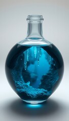 Abstract underwater scene with dark rocks and glowing blue water inside a round glass bottle.