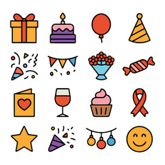 Colorful Celebration Icons: A collection of festive icons bursts with cheerful symbols of birthdays and joyous events. Each icon, from gift boxes to cupcakes, is designed to spark happiness.