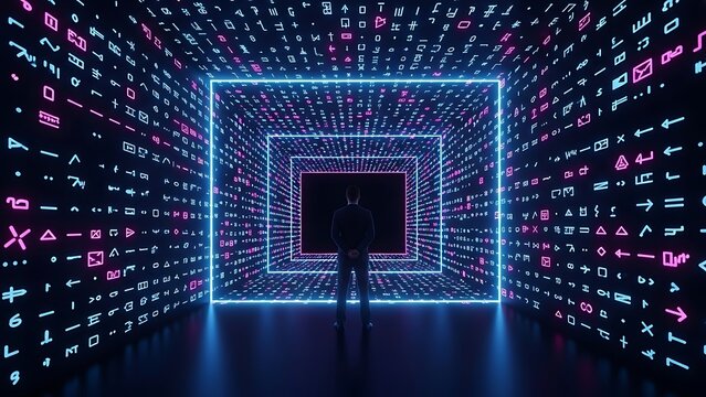 Person standing in a neon lit tunnel of digital data and symbols. - Powered by Adobe