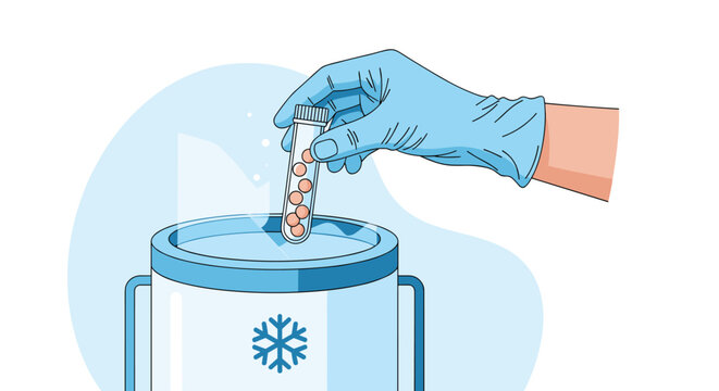 Medical concept of cryopreservation with a gloved hand holding a vial of cells over a dewar flask of liquid nitrogen for storage.