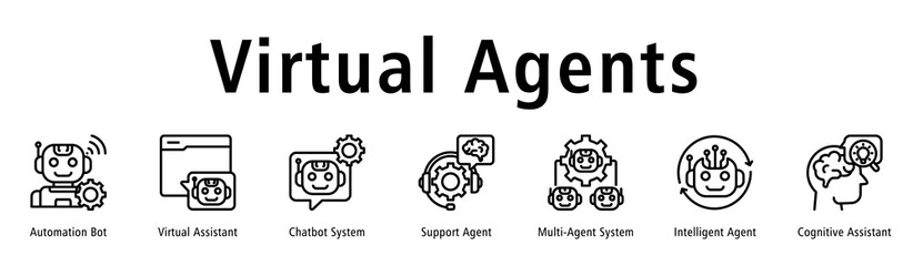 Virtual Agents banner highlighting Automation Bot, Virtual Assistant, Chatbot System, Support Agent, Multi-Agent System, Intelligent Agent, and Cognitive Assistant.