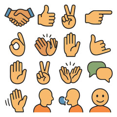 Expressive Gestures: An assortment of human hand gestures and actions, rendered in a colorful flat design, offers a versatile visual vocabulary for communication and interaction. 