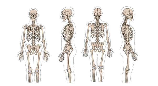 Set of four anatomical illustrations of the human skeleton from anterior, posterior, and two lateral views on a white background.