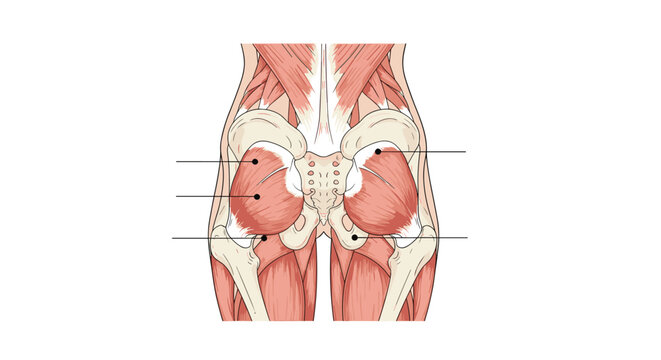 Labeled anatomical diagram from a posterior view showing the muscles of the human pelvic girdle, including the gluteal muscles.