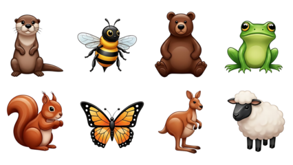 Cartoon animal character set featuring otter bee bear frog squirrel butterfly kangaroo sheep