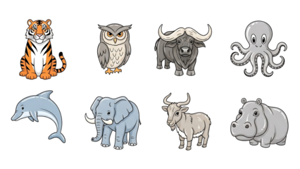 Cartoon animal characters illustration with tiger owl buffalo octopus and more
