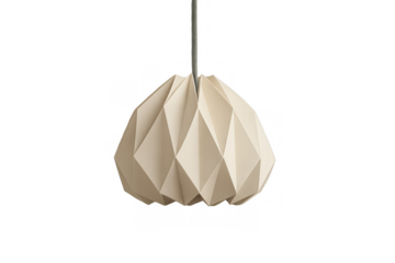 Beige origami pendant light illuminating a ceiling, modern geometric lampshade creating contemporary interior design