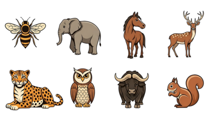 Cartoon animal collection featuring a bee elephant horse deer jaguar owl buffalo squirrel