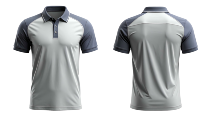 Two views of a grey, short-sleeved polo shirt, front and back, on a black background