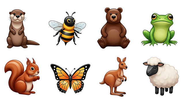 Cartoon animal character set featuring otter bee bear frog squirrel butterfly kangaroo sheep