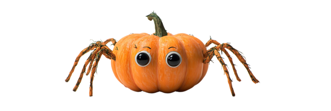 A whimsical pumpkin with googly eyes and spider legs, creating a fun Halloween-themed creature.