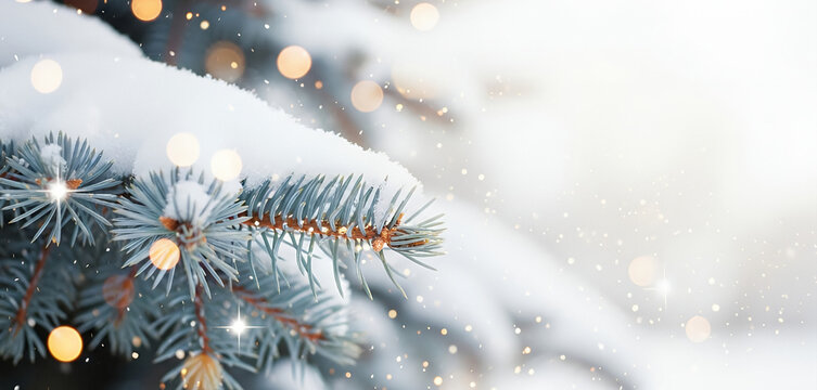 Snowy evergreen branch with bright bokeh lights and falling snow, presenting a serene winter holiday ambiance that highlights the gentle sparkle and peaceful mood of the season.