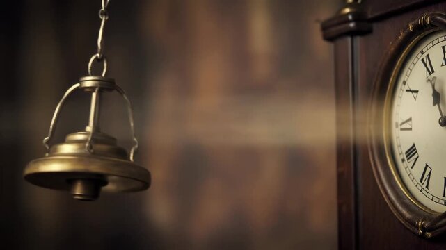 Vintage pendulum clock with ornate brass bell swinging hypnotically in front of an antique wooden clock face, creating a sense of timelessness and old-world charm