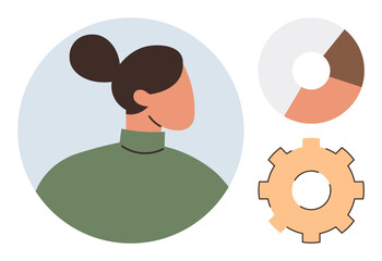 Woman with bun hairstyle encircled alongside a pie chart and gear symbolizing strategy, analytical thinking, collaboration, progress, innovative solutions, productivity, and teamwork. Clean flat