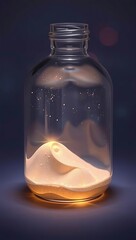 Abstract desert landscape with glowing sand dunes and starry sky inside a glass bottle, fantasy concept art