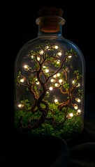 Enchanted miniature tree branches adorned with warm glowing lights inside a glass bottle, fantasy art