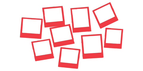Scattered red blank instant photo frames on a clean white background isolated on white background