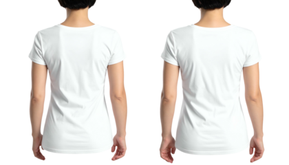 Two identical women, back view, wearing white t-shirts, side-by-side on black background