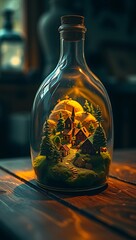 Charming miniature alpine village with pine trees and houses inside a glass bottle, fairytale landscape art